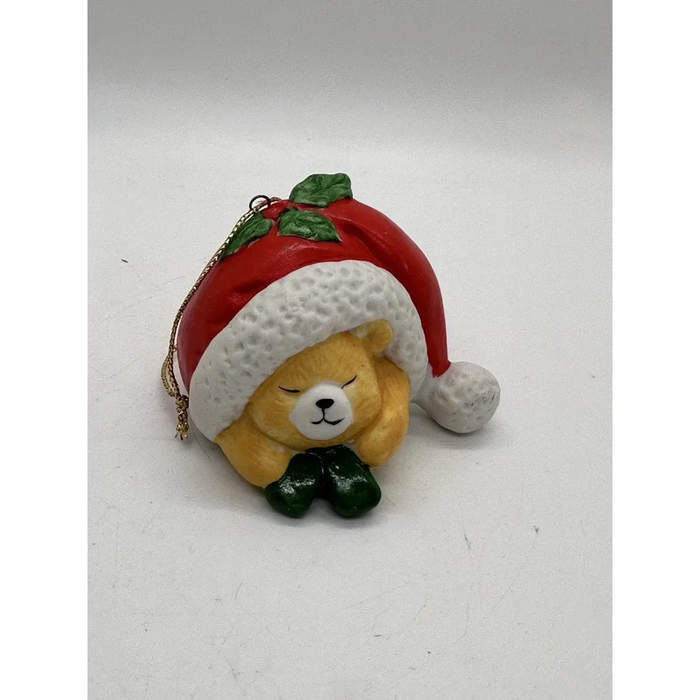 Vintage Sleeping Teddy Bear Santa Hat Hollow Ceramic‎ Christmas Ornament